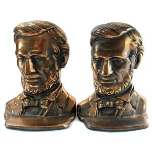 Pair President Abe Lincoln Portrait Cast Metal Bookends Copper Wash Abraham